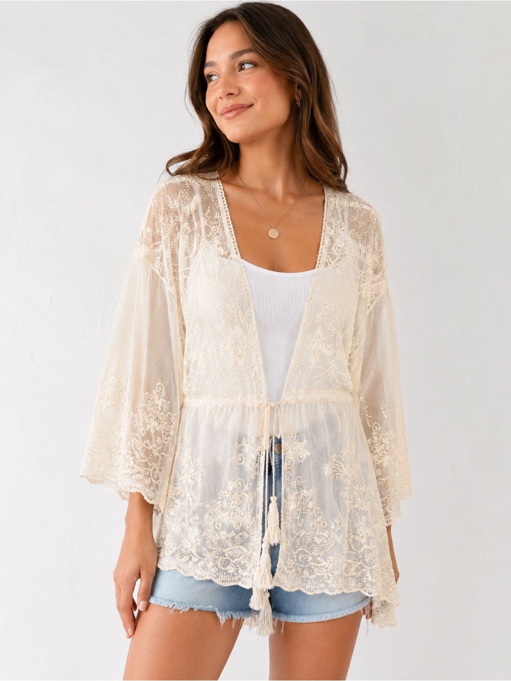 Rain + Rose Lace Kimono Cardigan string in the waist L